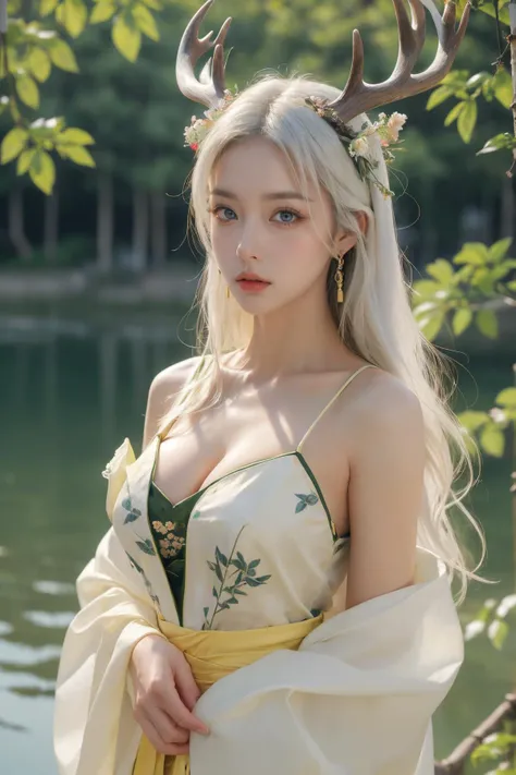(Best Quality, Masterpiece:1.4), (Realism:1.2), (Realisitc:1.2), (Absurdres:1.2), (photorealistic:1.3), 1girl,Realistic Skin,Solo,( Very Big Eyes,beautiful detailed eyes, symmetric eyes),chinese clothing,flower,masterpiece,best quality,ultra-detailed,deer,white hair,yellow clothes, spring, water,lake,<lora:å°é¹¿å¥³:0.7>, bare shoulders, medium breasts, cleavage,