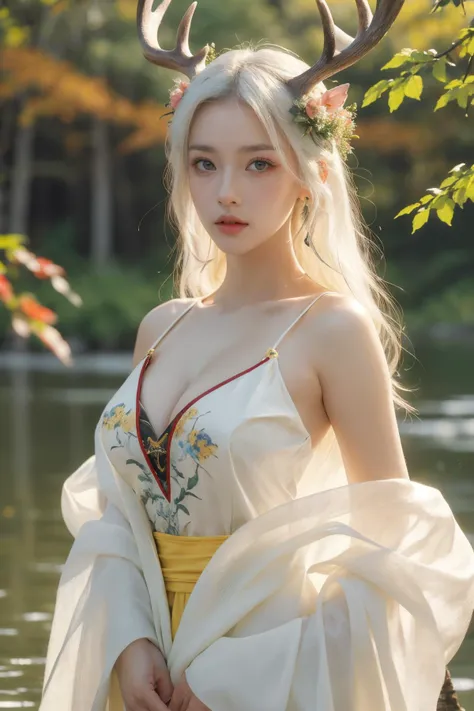 photorealistic, high resolution, 1women, solo, hips up, look at viewer, (detailed face), narrow waist, closed lips, white hair, long hair, ganyu costume, genshin impact, jewelry