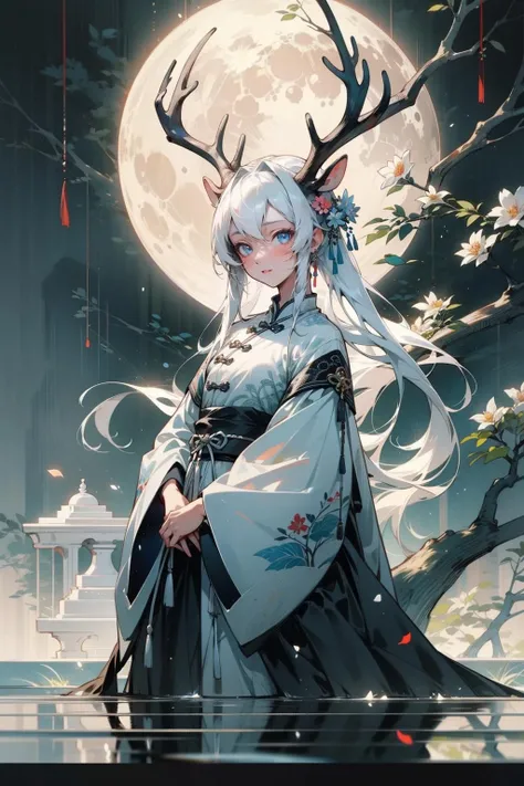 1girl,chinese clothing,flower,masterpiece,best quality,ultra-detailed,deer,white hair,white clothes,water,moon,<lora:aki-000005:0.7>,
