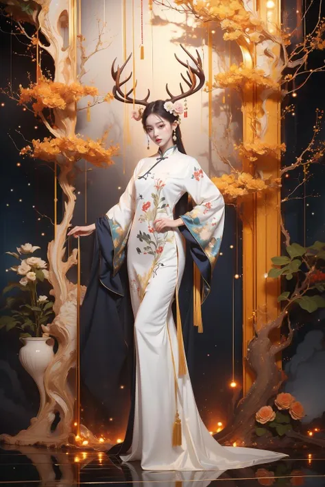 1girl,chinese clothing,flower,masterpiece,best quality,ultra-detailed,deer,white hair,white clothes,<lora:å°é¹¿å¥³:0.7>,full body,<lora:éå½©:0.6>,md colour,<lora:é»éè²è°:0.6>,