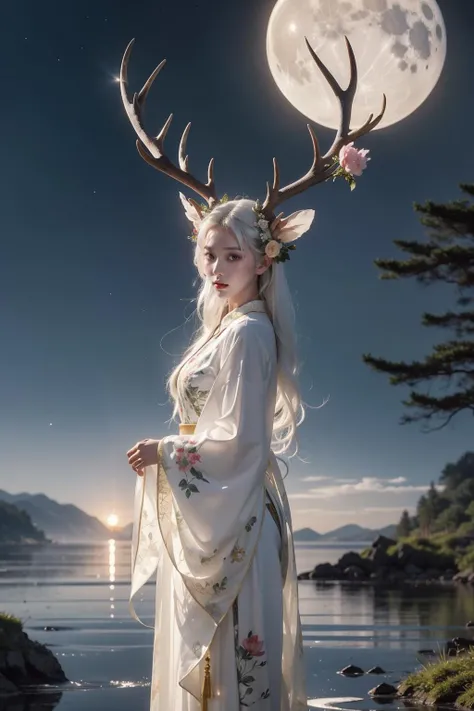 1girl,chinese clothing,flower,masterpiece,best quality,ultra-detailed,deer,white hair,white clothes,water,moon,<lora:aki-000005:0.7>,deer,