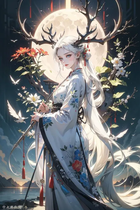 1girl,chinese clothing,flower,masterpiece,best quality,ultra-detailed,deer,white hair,white clothes,water,moon,<lora:aki-000005:0.5>,deer,