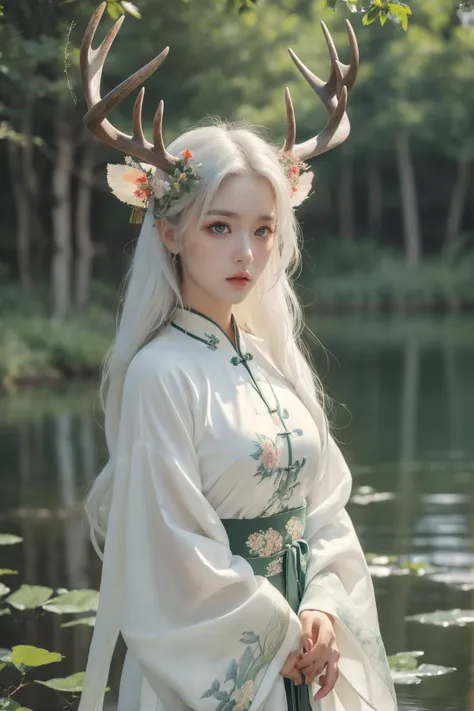 (Best Quality, Masterpiece:1.4), (Realism:1.2), (Realisitc:1.2), (Absurdres:1.2), (photorealistic:1.3), 1girl,Realistic Skin,Solo,( Very Big Eyes,beautiful detailed eyes, symmetric eyes),chinese clothing,flower,masterpiece,best quality,ultra-detailed,deer,white hair,white clothes,water,lake,<lora:å°é¹¿å¥³:0.7>,deer,