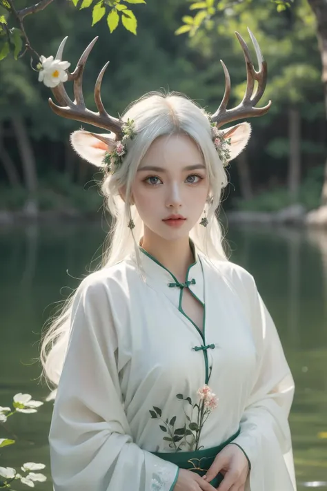 (Best Quality, Masterpiece:1.4), (Realism:1.2), (Realisitc:1.2), (Absurdres:1.2), (photorealistic:1.3), 1girl,Realistic Skin,Solo,( Very Big Eyes,beautiful detailed eyes, symmetric eyes),chinese clothing,flower,masterpiece,best quality,ultra-detailed,deer,white hair,white clothes,water,lake,<lora:å°é¹¿å¥³:0.7>,deer,