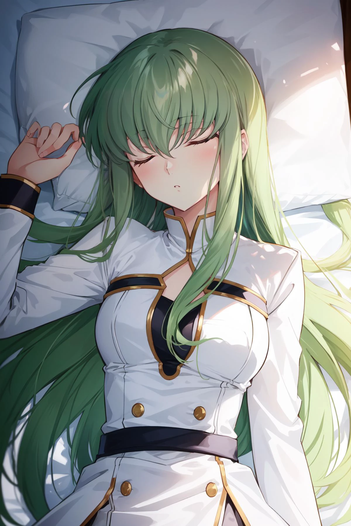 (masterpiece, best quality), intricate details,
1girl, <lora:cc_codegeas-10:0.8> cc_codegeass, hair between eyes, very long hair, white suit
bedroom, laying on bed, on back, sleeping,