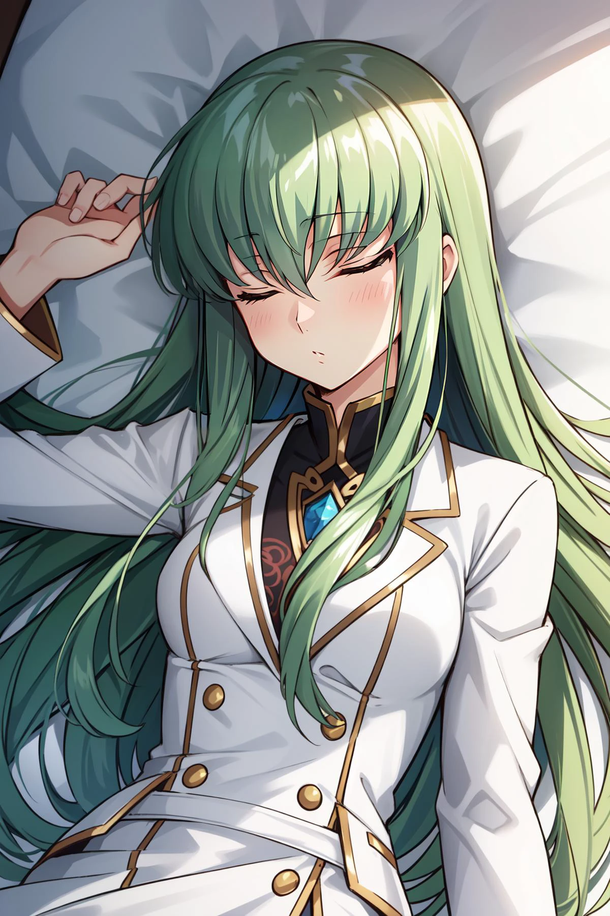 (masterpiece, best quality), intricate details,
1girl, <lora:cc_codegeas-10:0.8> cc_codegeass, hair between eyes, very long hair, white suit
bedroom, laying on bed, on back, sleeping,