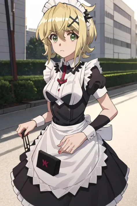 best quality, masterpiece, highres, solo, {maid:1.40}, {long maid dress:1.15}, {akatsuki_kirika_senkizesshousymphogear:1.15}, blonde_hair, short_hair, green_eyes, shiny_hair, hair_ornament, shiny, x_hair_ornament, breasts, medium_breasts, hair_between_eyes