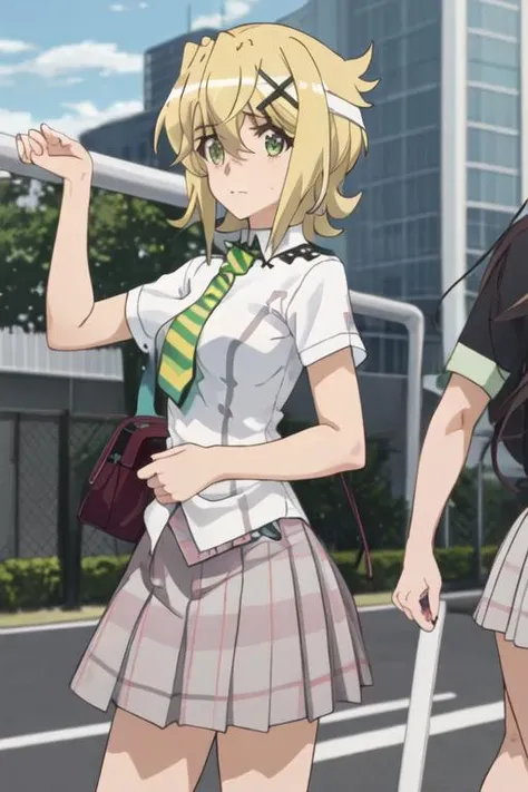 best quality, masterpiece, highres, solo, {akatsuki_kirika_senkizesshousymphogear:1.15}, blonde_hair, short_hair, green_eyes, shiny_hair, hair_ornament, shiny, x_hair_ornament, breasts, medium_breasts, hair_between_eyes, 1girl, closed_mouth, necktie, red_necktie, school_uniform, shirt, short_sleeves, upper_body, white_shirt