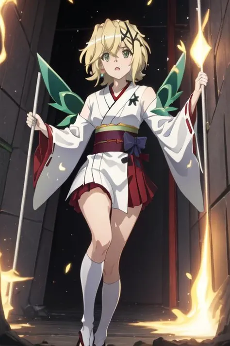 best quality, masterpiece, highres, solo, {white kimono:1.35}, {red hakama:1.35}, {wide sleeves:1.20}, {akatsuki_kirika_senkizesshousymphogear:1.15}, blonde_hair, short_hair, green_eyes, shiny_hair, hair_ornament, shiny, x_hair_ornament, breasts, medium_breasts, hair_between_eyes