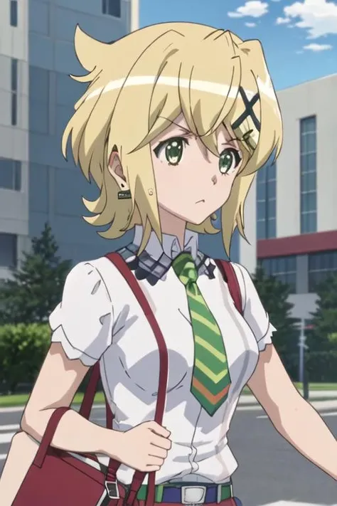 best quality, masterpiece, highres, solo, {akatsuki_kirika_senkizesshousymphogear:1.15}, blonde_hair, short_hair, green_eyes, shiny_hair, hair_ornament, shiny, x_hair_ornament, breasts, medium_breasts, hair_between_eyes, 1girl, cloud, day, necktie, parody, red_necktie, school_uniform, shirt, sky, upper_body, bag, blue_sky, outdoors, short_sleeves, anime_coloring, white_shirt