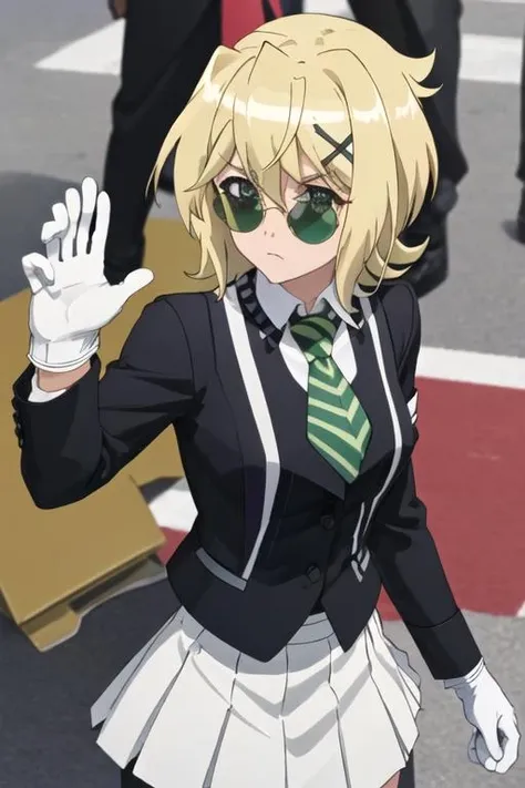 best quality, masterpiece, highres, solo, {black business suit:1.40}, {tie:1.20}, {sunglasses:1.25}, {white gloves:1.15}, {white shirt:1.10}, {black skirt:1.15}, {smoking:1.20}, handsome, {akatsuki_kirika_senkizesshousymphogear:1.15}, blonde_hair, short_hair, green_eyes, shiny_hair, hair_ornament, shiny, x_hair_ornament, breasts, medium_breasts, hair_between_eyes