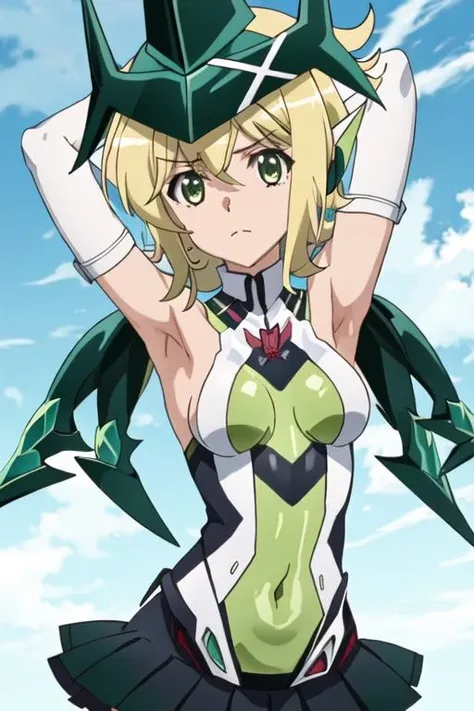 1girl, Blond hair, green eyes, short hair, x hair ornament, medium breasts, green leotard with white stripes, symphogear undersuit, symphogear pendant, green shoulder armor, green skirt, hanging on Maschine, cables in body, pain face, perfect quality, Masterpiece, high quality, good quality 