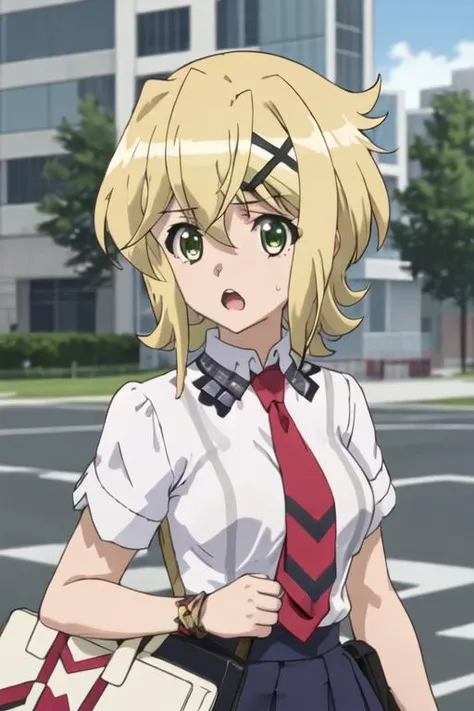 best quality, masterpiece, highres, solo, {akatsuki_kirika_senkizesshousymphogear:1.15}, blonde_hair, short_hair, green_eyes, shiny_hair, hair_ornament, shiny, x_hair_ornament, breasts, medium_breasts, hair_between_eyes, 1girl, necktie, parody, red_necktie, school_uniform, looking_at_viewer, upper_body, open_mouth, short_sleeves, shirt