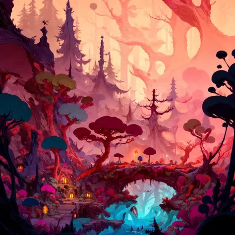 magical forest, treehouse, small stream, mushrooms by kilian eng <lora:by kilian eng-000007:1>