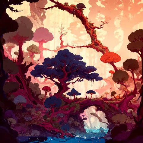 magical forest, treehouse, small stream, mushrooms by kilian eng   <lora:by kilian eng:1>