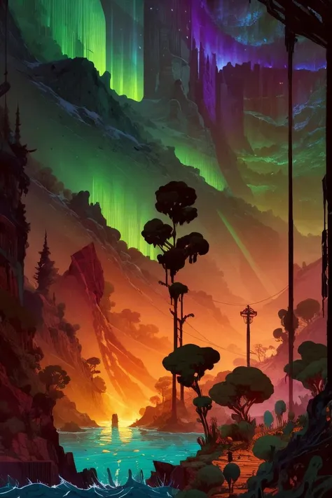 river, jungle, hill, aurora, by kilian eng