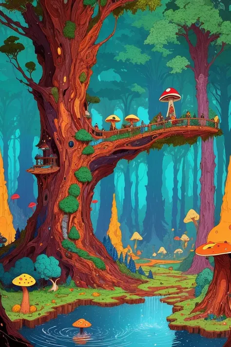 magical forest, treehouse, small stream, mushrooms, by kilian eng