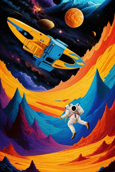 drawing, astronaut floating in space, galaxy, mountain, milky way, by kilian eng