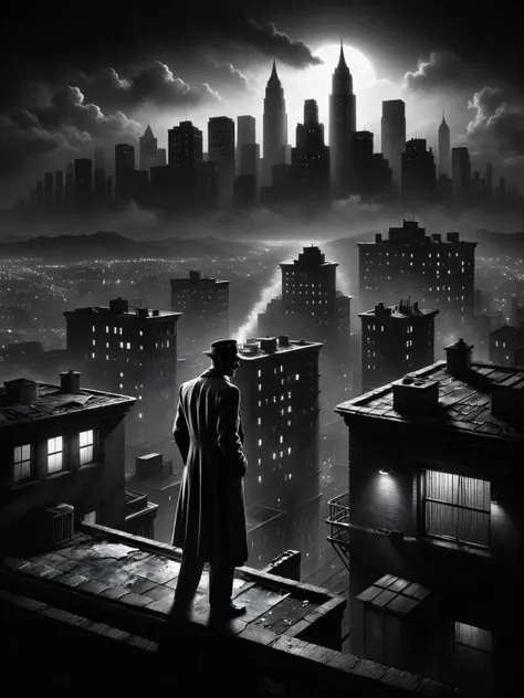 A shadowy figure standing at the edge of a rooftop, overlooking a crime-ridden cityscape, tension in the air, 1950s noir <lora:Sin_City_Movie_Style_SDXL:1> mad-sincity, (masterpiece:1.2), best quality, (hyperdetailed, highest detailed:1.2), high resolution textures