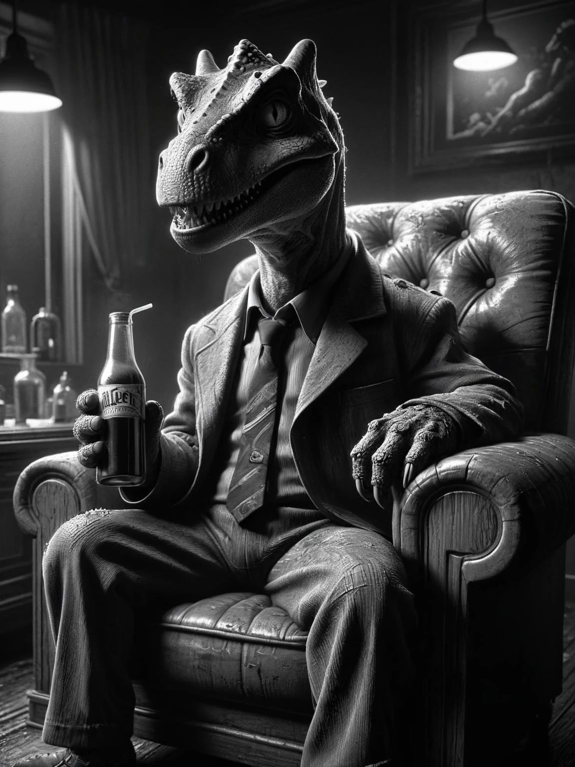 mad-sincity, 1940s, noir, cartoon Cute dinosaur looking at viewer, reclining on a chair,holding a bottle of juce, side view, illustration, vibrant, (intricate details, masterpiece, best quality:1.4), <lora:Sin_City_Movie_Style_SDXL:0.7>