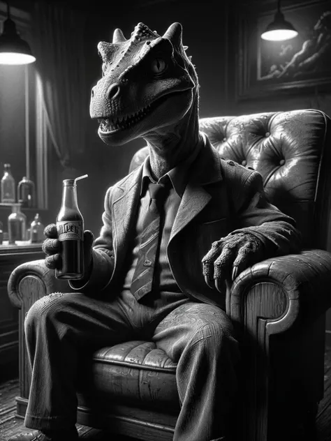 mad-sincity, 1940s, noir, cartoon Cute dinosaur looking at viewer, reclining on a chair,holding a bottle of juce, side view, illustration,  vibrant,  (intricate details, masterpiece, best quality:1.4),  <lora:Sin_City_Movie_Style_SDXL:0.7>