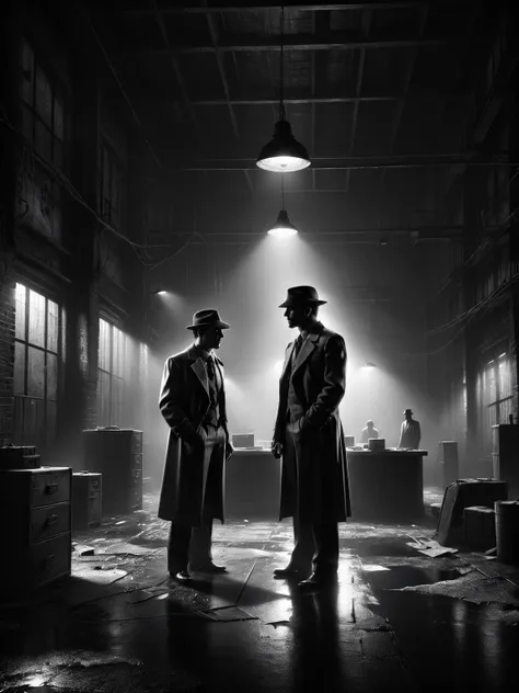 A tense standoff in an abandoned warehouse, gangsters and a detective facing off, stark lighting, high-stakes noir <lora:Sin_City_Movie_Style_SDXL:1> mad-sincity, (masterpiece:1.2), best quality, (hyperdetailed, highest detailed:1.2), high resolution textures