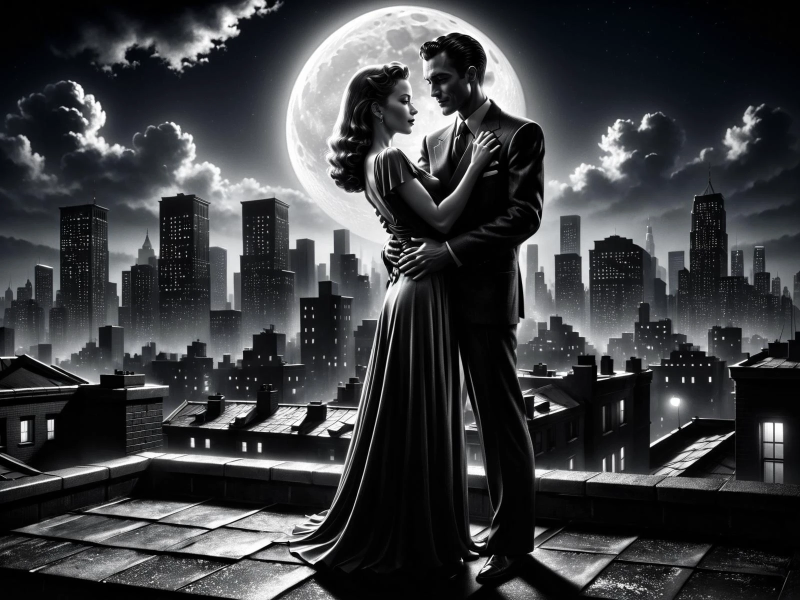 man and woman embracing, rooftop, cityskyline in the background, 1940, noir, night, moon<lora:Sin_City_Movie_Style_SDXL:0.8> mad-sincity, (masterpiece:1.2), best quality, (hyperdetailed, highest detailed:1.2), high resolution textures