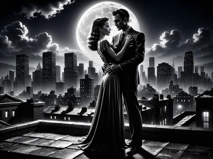 man and woman embracing, rooftop, cityskyline in the background, 1940, noir, night, moon<lora:Sin_City__Style_SDXL:0.8> mad-sincity, (masterpiece:1.2), best quality, (hyperdetailed, highest detailed:1.2), high resolution textures