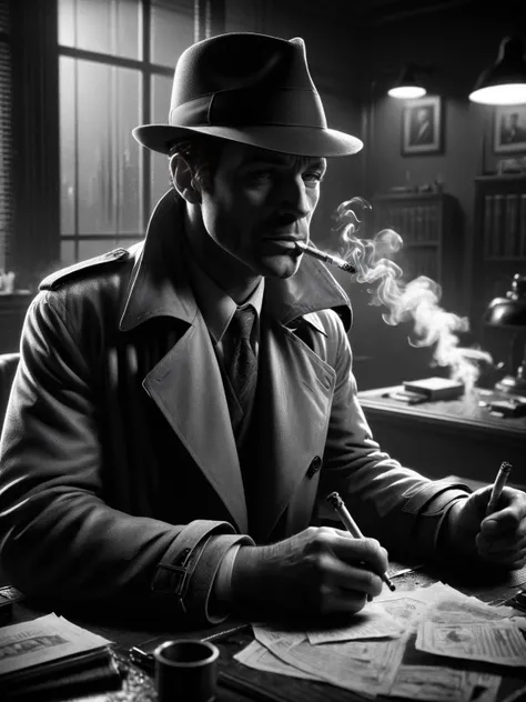 A grizzled detective in a fedora and trench coat, smoking a cigarette, old-fashioned office, clues scattered on the desk, classic noir <lora:Sin_City__Style_SDXL:1> mad-sincity, (masterpiece:1.2), best quality, (hyperdetailed, highest detailed:1.2), high resolution textures, bokeh