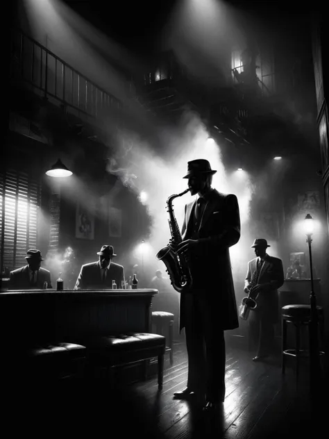 A jazz club filled with smoke and secrets, a saxophonist playing a somber tune, shadows and silhouettes, moody noir <lora:Sin_City_Movie_Style_SDXL:1> mad-sincity, (masterpiece:1.2), best quality, (hyperdetailed, highest detailed:1.2), high resolution textures