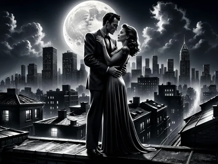 man and woman embracing, rooftop, cityskyline in the background, 1940, noir, night, moon<lora:Sin_City_Movie_Style_SDXL:0.8> mad-sincity, (masterpiece:1.2), best quality, (hyperdetailed, highest detailed:1.2), high resolution textures