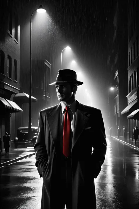 film noir style, mash-up of Sin City and The Spirit
man wearing a suit standing beneath street light in an empty street, light casting shadow, night scene, heavy rain, wearing (red tie:1.2), monochrome, side view, extremely detailed, ultra-realistic, cinematic light,
 <lora:Sin_City_Movie_Style_SDXL:0.6> mad-sincity, 1940s, noir