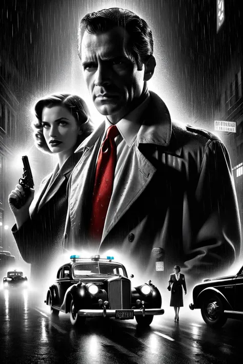 film noir style, mash-up of Sin City and The Spirit,
movie poster featuring an old male detective with red tie and a beautiful young lady with and a police car with flashing emergency lights, heavy rain,
monochrome, extremely detailed, ultra-realistic, cinematic light,
<lora:Sin_City_Movie_Style_SDXL:0.6> mad-sincity, 1940s, noir