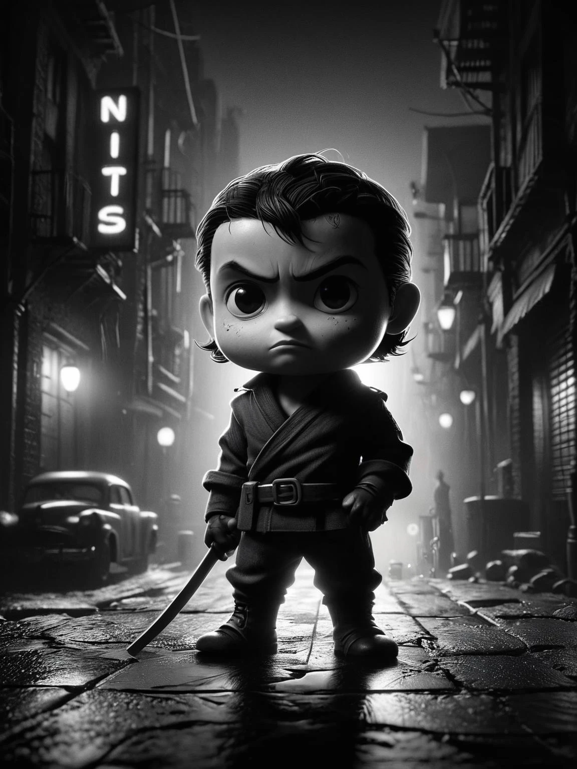 mad-sincity, 1940s, noir, Tiny cute ninja character, soft smooth lighting, pixar style, (((masterpiece))), (((detailed))) , <lora:Sin_City_Movie_Style_SDXL:0.8>