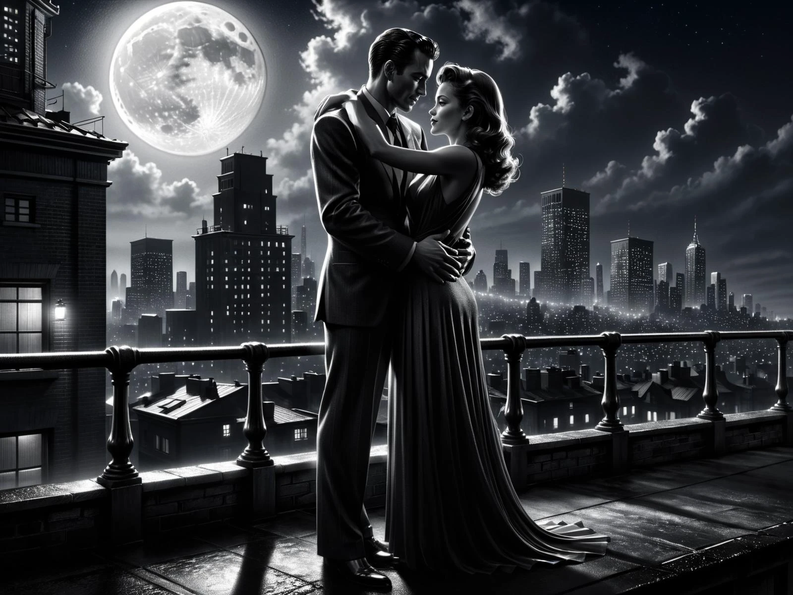 man and woman embracing, rooftop, cityskyline in the background, 1940, noir, night, moon<lora:Sin_City_Movie_Style_SDXL:0.8> mad-sincity, (masterpiece:1.2), best quality, (hyperdetailed, highest detailed:1.2), high resolution textures
