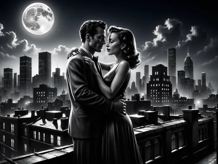man and woman embracing, rooftop, cityskyline in the background, 1940, noir, night, moon<lora:Sin_City__Style_SDXL:0.8> mad-sincity, (masterpiece:1.2), best quality, (hyperdetailed, highest detailed:1.2), high resolution textures