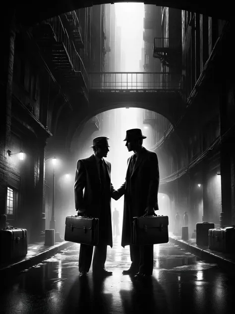 A clandestine meeting under a bridge, two silhouettes exchanging a mysterious briefcase, tension-filled noir scene <lora:Sin_City_Movie_Style_SDXL:1> mad-sincity, (masterpiece:1.2), best quality, (hyperdetailed, highest detailed:1.2), high resolution textures