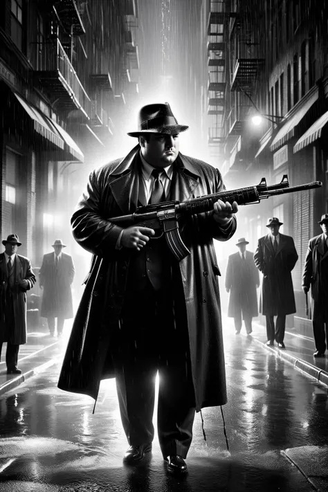 film noir style, mash-up of Sin City and The Spirit,
overweight male Italian mafia gangster holding Assault Rifle, heavy rain, Chicago street,
monochrome, extremely detailed, ultra-realistic, cinematic light,
<lora:Sin_City__Style_SDXL:0.6> mad-sincity, 1940s, noir,
<lora:XL_Weapon_Assault_Rifle_-_By_HailoKnight:0.4>