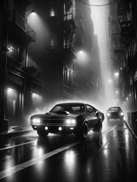 An intense car chase through narrow streets, rain pouring, headlights cutting through the fog, adrenaline-fueled noir action <lora:Sin_City_Movie_Style_SDXL:1> mad-sincity, (masterpiece:1.2), best quality, (hyperdetailed, highest detailed:1.2), high resolution textures