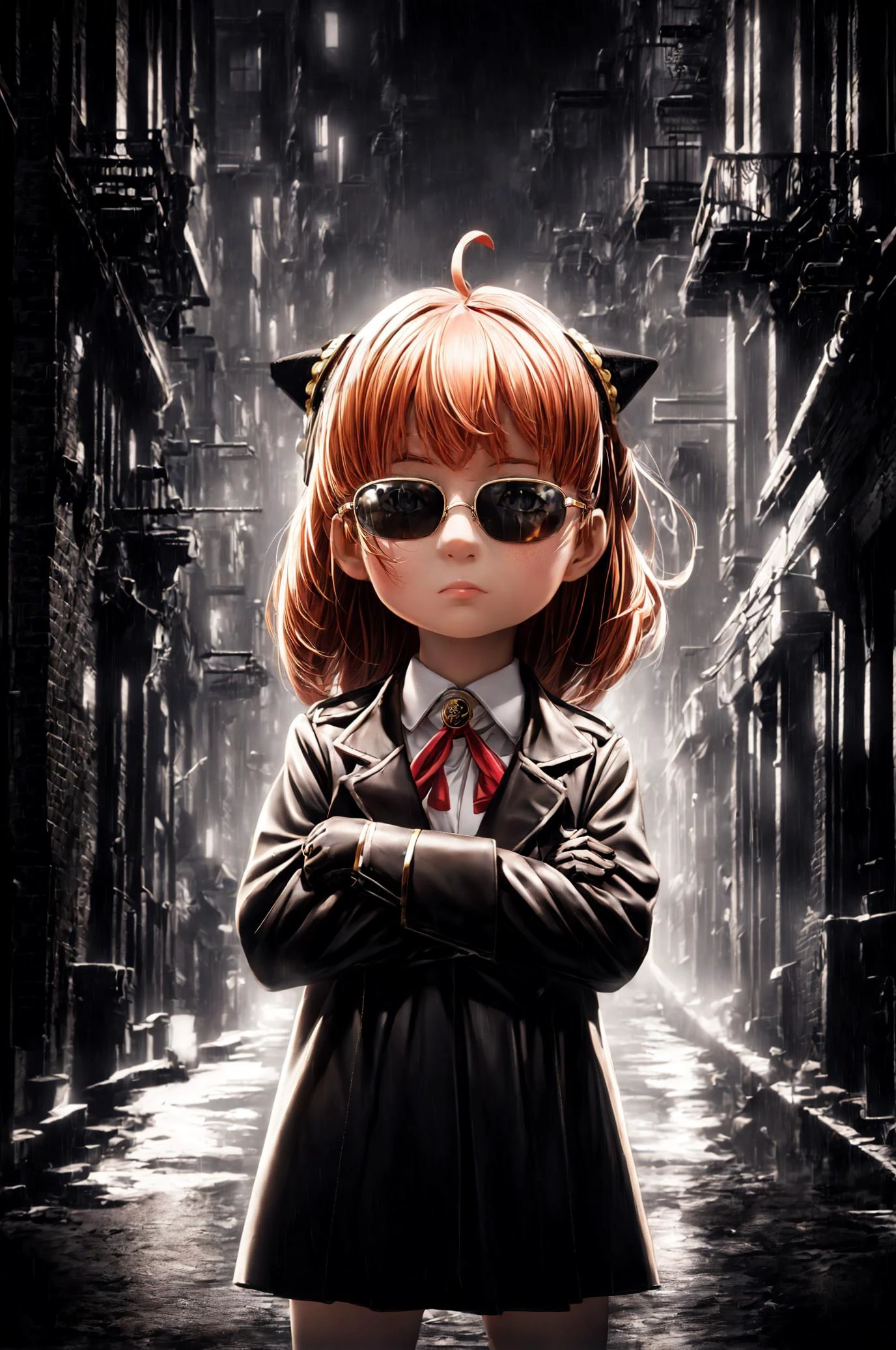 masterpiece, 8k, photorealistic, high resolution, dark street, (epic pose:0.8), silhouette of girl, spy, cute face, (eden academy school uniform:1.1), (ahoge:1.1), (crossed arms:1.1), (ping hairs:1.0), (leather gloves:1.1), (hair ornament:1.2), looking at viewer, (spy sunglasses:1.1), (slight smile:0.8), (detailed fingers:0.9)
<lora:Sin_City_SD1.5:0.8> <lora:last_anya:1.2> <lora:add_detail:1> defiance512