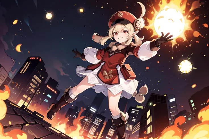 klee, gloves, hat, blonde hair,long sleeves, brown gloves, dress, low twintails,red eyes, pointy ears, long hair, knee boots, dodoco \(genshin impact\), jumpy dumpty, charm \(object\), <lora:klee:0.8>, (burning city background), explosions, (evil smile), (wide-angle lens,Panoramic:1.2)