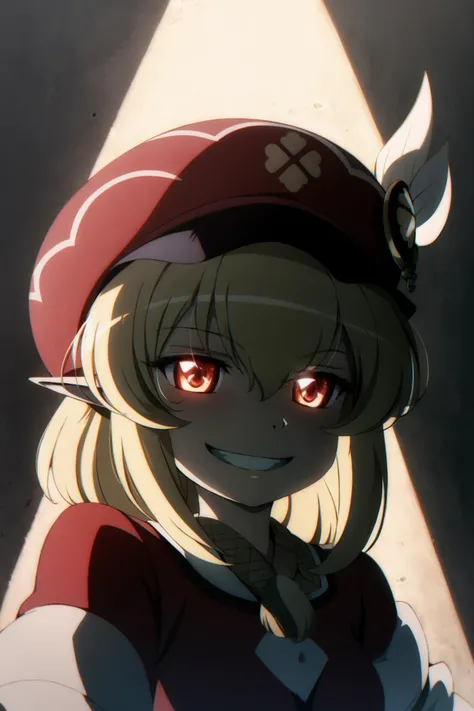 masterpiece, best quality, <lora:tgm-v2:1>,pixiv, <lora:klee:1>,1girl,solo,upper body,shadow face, glowing eyes,
klee \(genshin impact\),red hat,grin,face,blonde hair, pointy ears, red dress,