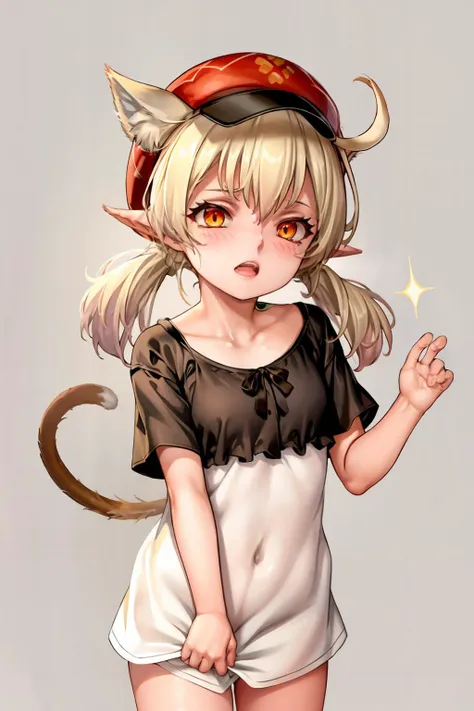 masterpiece, best quality, <lora:klee:1>, 1girl,red hat, animal ears,(blonde hair:1.6),smile, solo, cat ears, tail, cat tail, kemonomimi mode, twintails, pointy ears, simple background, white background, red eyes, bangs, klee (genshin impact), ahoge, long hair, shirt, short sleeves, low twintails, sidelocks, looking at viewer, animal ear fluff, hair between eyes, cat girl, sparkle, blush, blonde hair, :o, open mouth, light brown hair, alternate costume, t-shirt, clenched hands, cowboy shot, parted lips, yellow shirt, collarbone