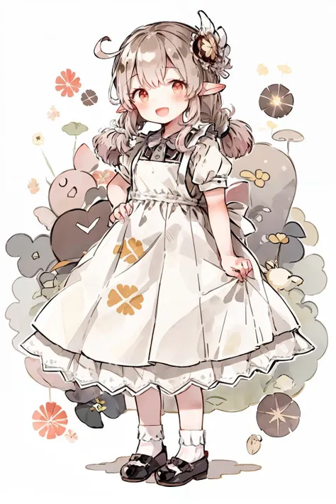 masterpiece, best quality, <lora:klee:1>, <lora:0622_watercolor_loha_da16_dim64-000010:0.7>,1girl, sidelocks, pointy ears, maid, klee (genshin impact), maid headdress, twintails, apron, solo, bangs, ahoge, alternate costume, looking at viewer, smile, simple background, :d, maid apron, hands on hips, low twintails, light brown hair, full body, short sleeves, long hair, clover print, orange eyes, mary janes, enmaided, hair between eyes, socks, open mouth, shoes, black footwear, standing, white background, red eyes, dress, black dress, white socks, head tilt, puffy sleeves, dodoco (genshin impact), puffy short sleeves, jumpy dumpty