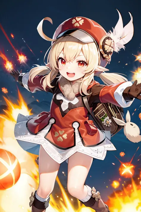 masterpiece, best quality, <lora:klee:1>,1girl, explosion, klee (genshin impact), hat, solo, boots, gloves, red headwear, smile, outstretched arms, open mouth, backpack, bag, looking at viewer, spread arms, twintails, dress, long hair, hat feather, brown footwear, long sleeves, red dress, knee boots, bangs, ahoge, pointy ears, red eyes, :d, blonde hair, cabbie hat, full body, socks, low twintails, hair between eyes, kneehighs, feathers, brown gloves, dodoco (genshin impact), white feathers, upper teeth only, teeth, sidelocks, randoseru, scarf