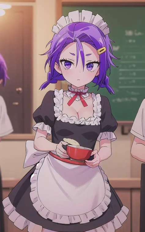 Maid_WeNeverLearn_AsumiKominami_ownwaifu,
1girl, purple hair, purple eyes, hair ornament, maid headdress, hairclip, short hair,  twin braids, hair between eyes, twintails, breasts, small breasts, short twintails, collarbone, 
enmaided, frills, maid apron, cleavage, choker, black thighhighs, puffy short sleeves, black dress, waist apron, frilled choker, 
<lora:ANIME_WeNeverLearn_AsumiKominami_ownwaifu:0.7> ,
((masterpiece)),((best quality)),(highres), bokeh, depth_of_field, scenery, spotlight, focused, looking at viewer, solo,