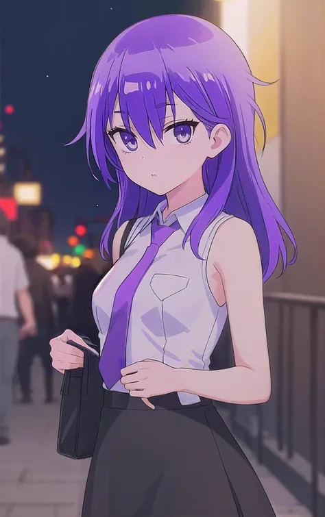 LongHair_WeNeverLearn_AsumiKominami_ownwaifu,
1girl, purple hair, purple eyes, hair between eyes, breasts, small breasts, long hair, bangs,  
necktie, sleeveless shirt, white shirt, collared shirt, long skirt, red necktie, 
<lora:ANIME_WeNeverLearn_AsumiKominami_ownwaifu:0.7> ,
((masterpiece)),((best quality)),(highres), bokeh, depth_of_field, scenery, spotlight, focused, looking at viewer, solo,