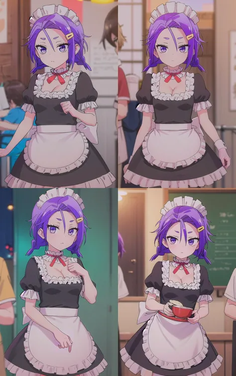 Maid_WeNeverLearn_AsumiKominami_ownwaifu,
1girl, purple hair, purple eyes, hair ornament, maid headdress, hairclip, short hair, twin braids, hair between eyes, twintails, breasts, small breasts, short twintails, collarbone,
enmaided, frills, maid apron, cleavage, choker, black thighhighs, puffy short sleeves, black dress, waist apron, frilled choker,
{<lora:ANIME_WeNeverLearn_AsumiKominami_ownwaifu:1> |<lora:ANIME_WeNeverLearn_AsumiKominami_ownwaifu:0.9> |<lora:ANIME_WeNeverLearn_AsumiKominami_ownwaifu:0.8> |<lora:ANIME_WeNeverLearn_AsumiKominami_ownwaifu:0.7> },
((masterpiece)),((best quality)),(highres), bokeh, depth_of_field, scenery, spotlight, focused, looking at viewer, solo,