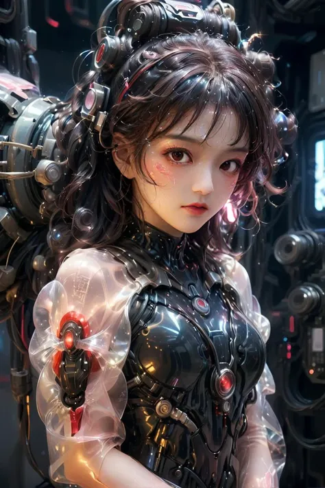 best qualityer、tmasterpiece、超高分辨率、(photorealestic:1.4)、RAW photo、1 rapariga、Black hair、glowy skin、1 Cyberpunk Girl、((hyper realistic detailed))、porate、Global illumination、black shadows、rendering by octane、8K、ultrasharp、huge tit、Raw skin is exposed in cleavage、metals、Details of complex ornaments、Sumerian details、High intricate details、Realistic light、CGSoation trends、violet colored eyes、shinning eyes、Facing the camera、neon light detail、Mechanical limbs、blood vessels attached to the tube、Mechanical vertebrae attached to the back、mechanical cervical attaching to neck、Sit on the、wires and cables connecting to head、Small LED lamps、Glowing tube、