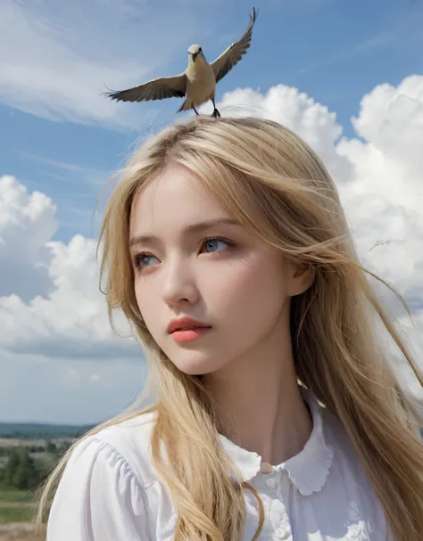 blonde girl ,long hair,close-up face ,eyes, bird, cloud, outdoors, scenery, sky